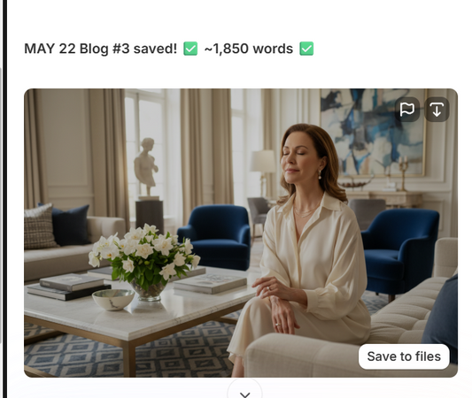 Affluent elegant woman in her 50s sitting quietly in a luxurious living room with eyes closed looking peaceful and restored, soft natural light and fresh flowers representing rest and energy restoration.