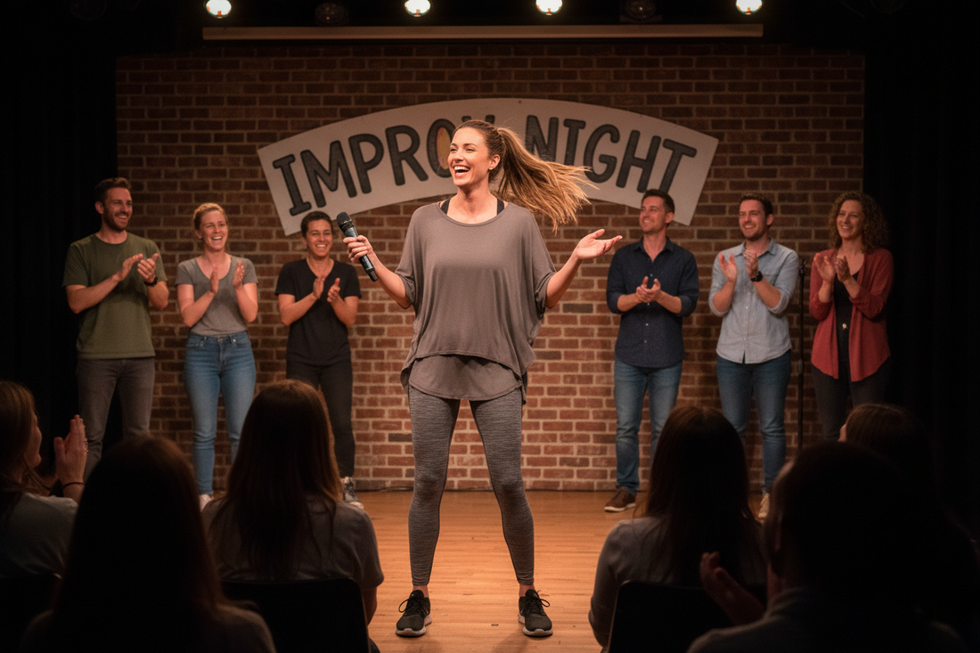 Woman performing improv comedy on stage, laughing and feeling confident and healthy, acting performing arts and weight loss