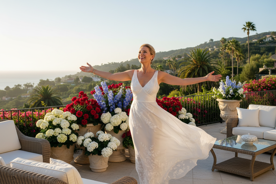 Elegant woman in her 50s celebrating freedom on a luxurious terrace with patriotic red, white, and blue florals, arms open in joy, symbolizing independence from diet failure through doctor-supervised homeopathic weight loss