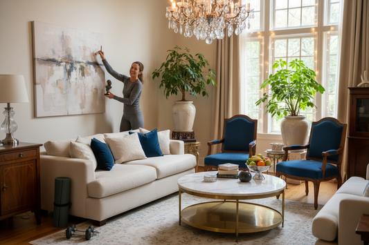 Woman happily decorating a beautiful living room, feeling energetic and healthy, interior decorating and weight loss