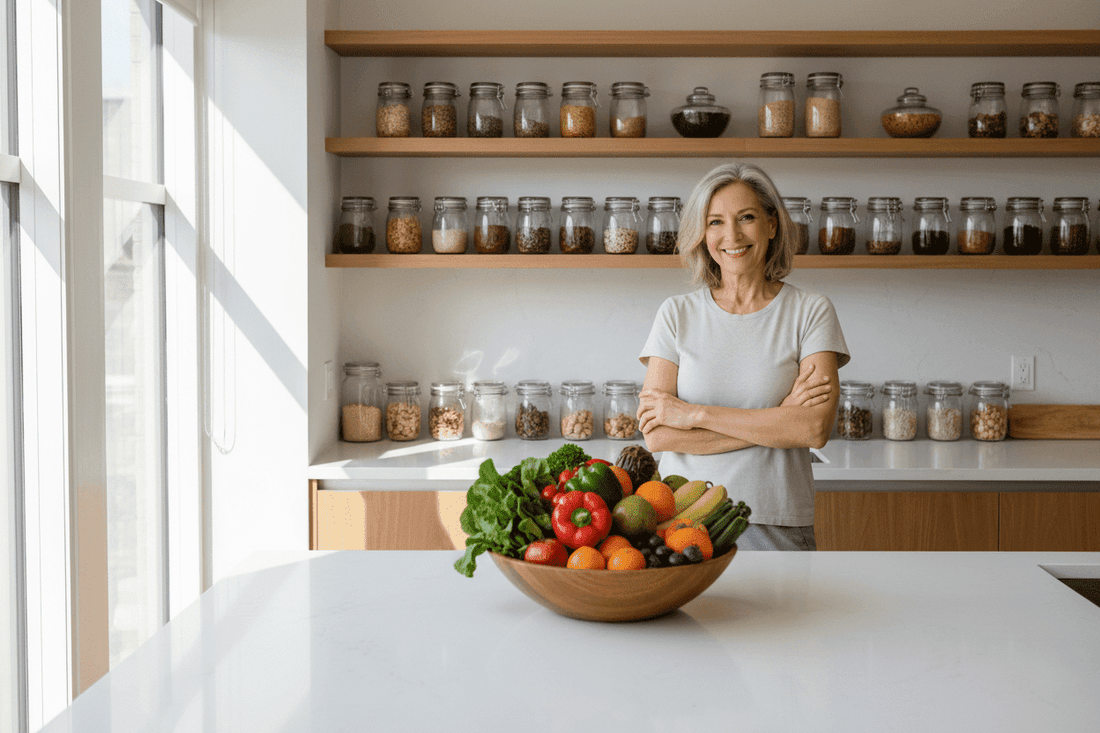 Organized kitchen environment with healthy foods - woman in clean kitchen supporting weight loss success