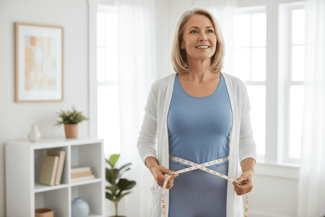 Woman measuring waist with tape measure - tracking body measurements for weight loss progress