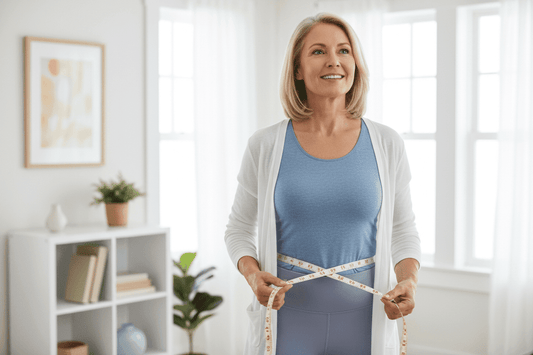 Woman measuring waist with tape measure - tracking body measurements for weight loss progress