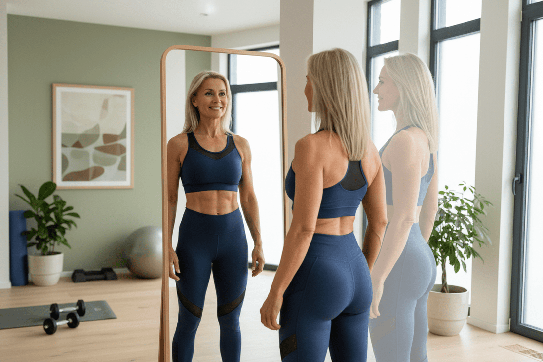 Woman viewing body transformation in mirror - muscle vs fat body composition results