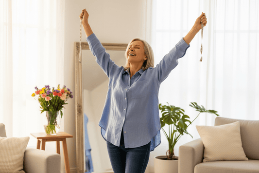 Happy woman celebrating weight loss success with measuring tape - non-scale victories and transformation