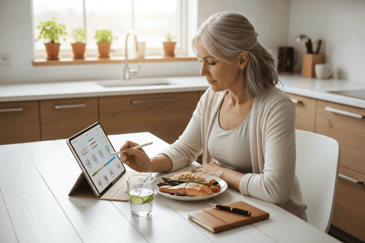 Woman tracking food in journal while eating healthy meal - food journaling for weight loss