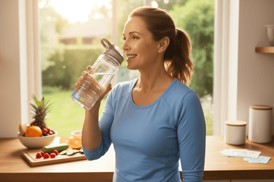 "Woman drinking water with time-marked bottle representing easy hydration strategies - doctor-supervised program"