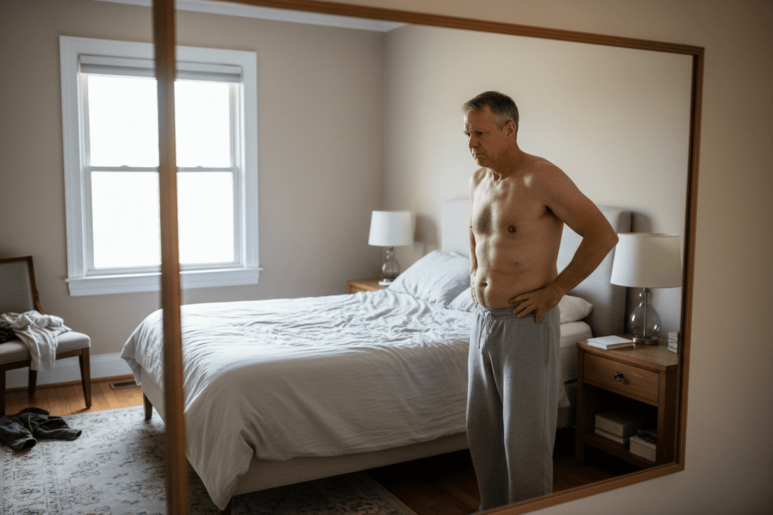 Man frustrated with belly fat after 50 - visceral fat accumulation