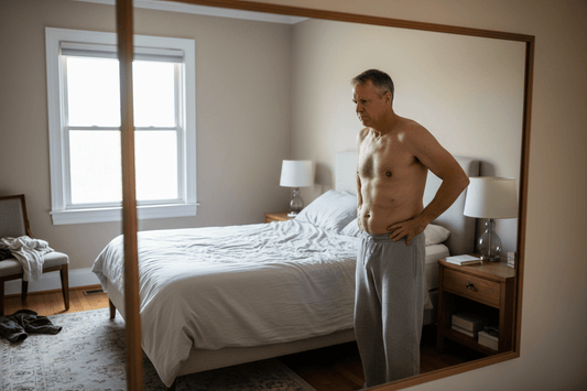 Man frustrated with belly fat after 50 - visceral fat accumulation