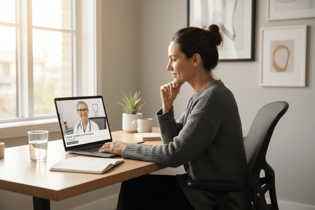 Woman having virtual doctor consultation at home - online weight loss program