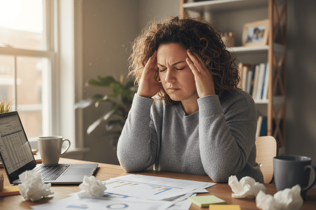 Stressed woman with cortisol weight gain - stress hormone fat storage