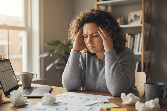 Stressed woman with cortisol weight gain - stress hormone fat storage
