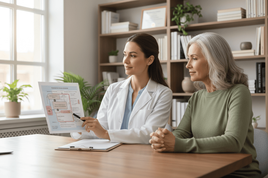 Doctor consulting with patient about hormone replacement therapy and metabolism optimization for weight loss