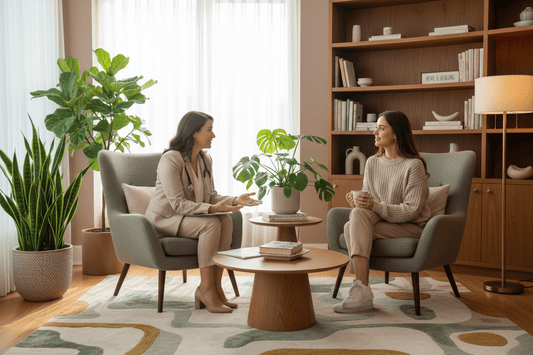 Woman in supportive therapy session addressing emotional trauma and weight connection for healing
