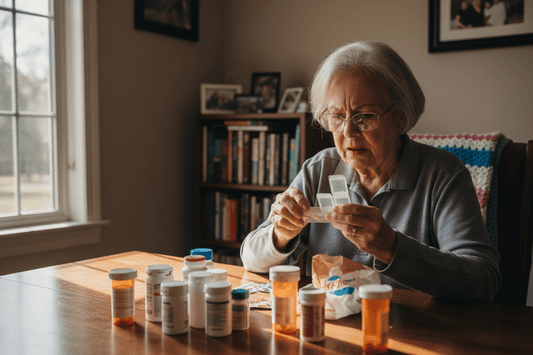 Woman reviewing multiple prescription medications concerned about weight gain and metabolism effects