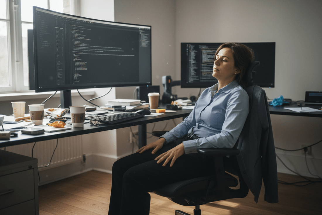 Office worker with sedentary desk job affecting metabolism and causing weight gain