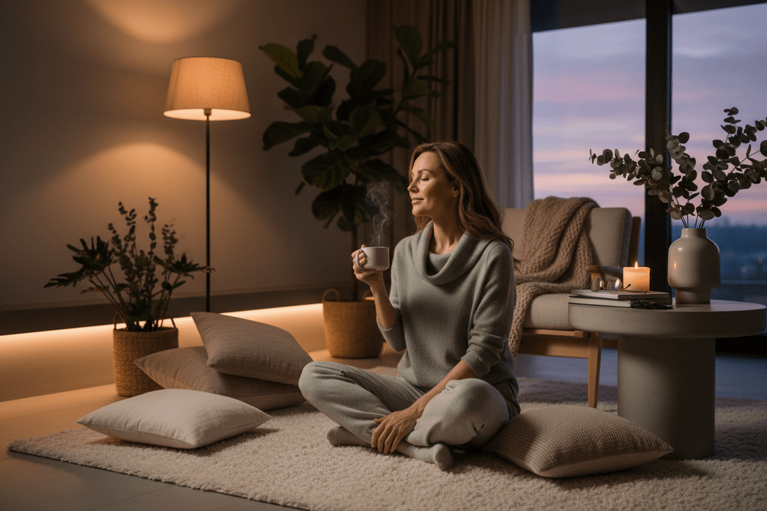 Woman recognizing true hunger versus emotional eating with mindful evening routine