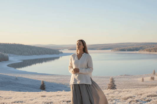 Woman managing stress naturally through peaceful nature connection and mindfulness