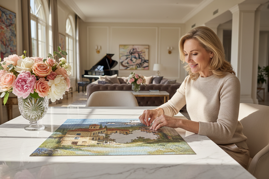 Elegant affluent woman in her 50s completing a large jigsaw puzzle at a beautiful marble table in a luxurious bright home, radiant and focused, fresh flowers nearby, soft natural light