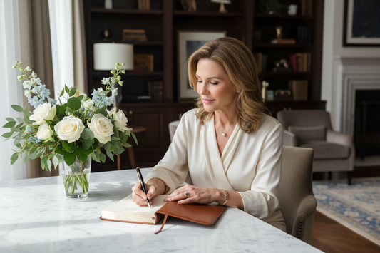 Elegant woman in her 50s writing in a beautiful leather journal at a luxurious marble desk with soft natural light and fresh flowers nearby