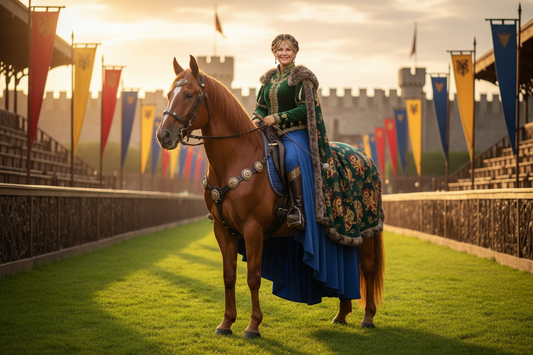 A regal, radiant woman in her 50s wearing stunning medieval-inspired equestrian attire sits tall and proud on a magnificent horse at a sunlit jousting arena with colorful banners — she looks powerful, confident, and completely in her element