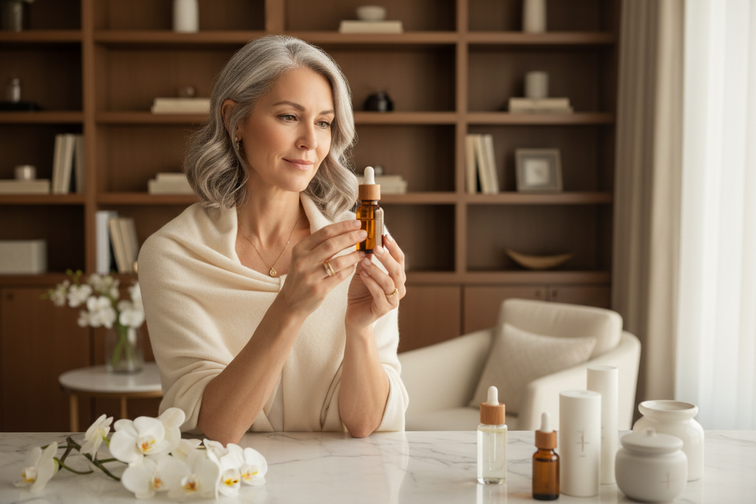 Elegant knowledgeable woman in her 50s holding an amber glass dropper bottle in soft natural light in a luxurious wellness room with fresh white flowers and marble surfaces  Ready for your next title!