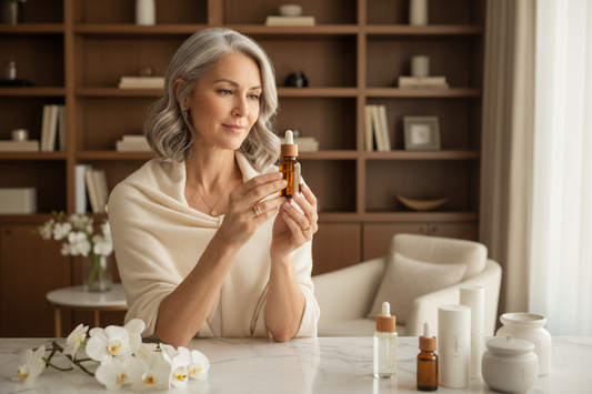 Elegant knowledgeable woman in her 50s holding an amber glass dropper bottle in soft natural light in a luxurious wellness room with fresh white flowers and marble surfaces  Ready for your next title!
