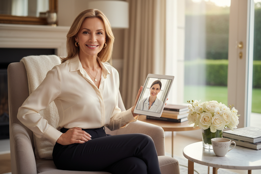 Elegant woman in a luxurious home confidently consulting her doctor remotely on a tablet, radiant with safe rapid inch loss achieved under expert medical supervision