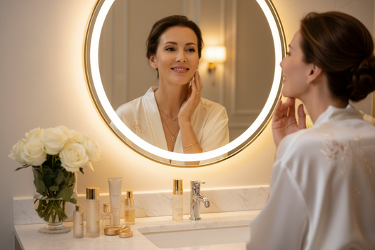 Elegant woman in her 50s touching her smooth glowing skin at a luxurious marble vanity mirror with fresh white roses and soft warm lighting