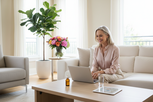 Slim radiant elegant woman in her 50s smiling at her laptop during a remote doctor consultation in a bright cheerful modern upscale home living room with fresh flowers, natural daylight, and her wellness drops nearby  Ready for your next title!