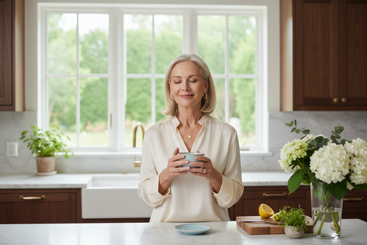 Elegant woman in her early 60s in a luxurious upscale kitchen holding a cup of herbal tea with eyes closed in peaceful contentment, radiant healthy skin, silk blouse, tasteful jewelry, soft morning light, fresh flowers on marble countertop