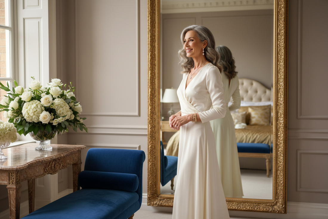 Elegant woman in her late 50s in a luxurious bedroom admiring her slimmer silhouette in an ornate full-length mirror, wearing a fitted silk dress, radiant and confident, soft natural light, fresh flowers, high-end setting