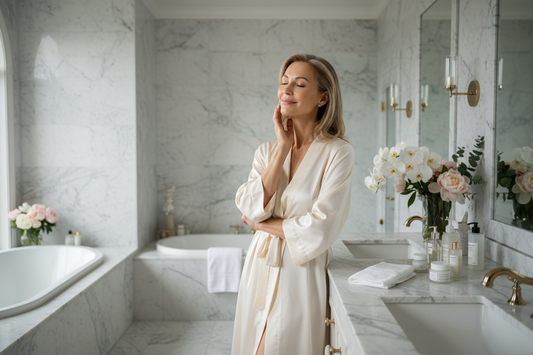Elegant woman in her late 50s with radiant glowing skin touching her face gently in a luxurious marble bathroom, serene and confident, soft natural light, silk robe, fresh flowers, high-end skincare setting