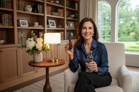  Slim radiant elegant woman in her 50s holding a glass dropper bottle and water bottle with a quietly confident expression in a beautifully coordinated upscale home study with bookshelves, fresh flowers, and warm ambient light