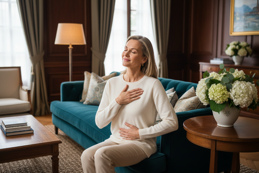Serene elegant woman in her 50s sitting peacefully with hands over her heart and abdomen in a cozy well-furnished upscale home living room with fresh flowers and warm ambient light