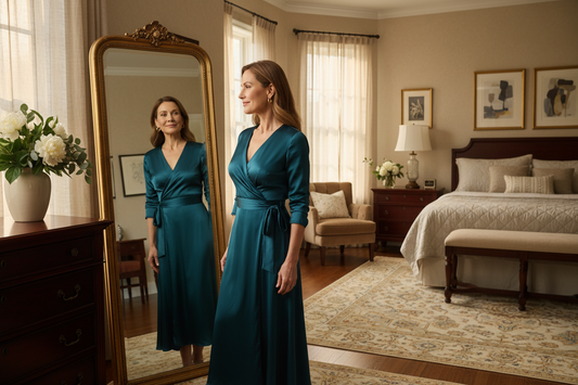 Elegant woman in her 50s admiring her noticeably improved proportions and tighter skin in a full-length mirror in a warm beautifully furnished upscale home bedroom with fresh flowers and soft natural light