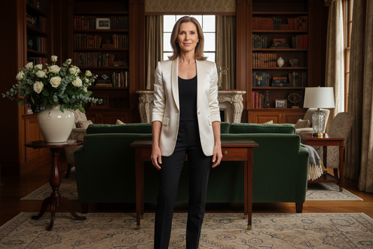 Lean toned elegant woman in her 50s standing tall and relaxed in a beautifully furnished upscale home with warm ambient light, fresh flowers, and rich wood furnishings