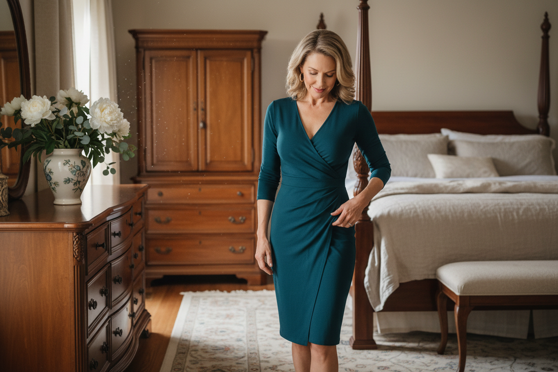  Elegant woman in her 50s admiring her visibly firmed and contoured silhouette in a beautifully appointed upscale home bedroom with warm wood tones, fresh flowers, and soft natural light