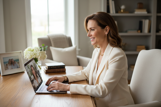 Accomplished slim elegant woman in her late 40s smiling confidently at her laptop during a remote wellness consultation at a warm wooden desk in a cozy refined home office with fresh flowers