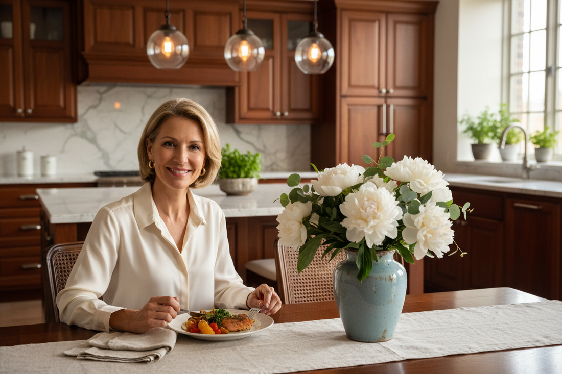 Content slim elegant woman in her 50s enjoying a colorful satisfying meal at a beautifully set table in a warm upscale home kitchen with fresh flowers and soft natural light