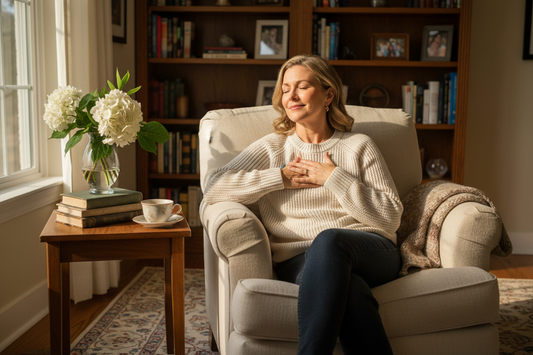 Serene elegant woman in her 50s resting peacefully in a cozy home armchair with her hand over her heart, fresh garden flowers nearby and soft afternoon light