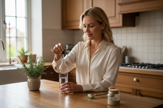 Elegant woman in her 50s adding homeopathic drops into a glass water bottle at a warm wooden kitchen counter in a cozy refined home with fresh herbs and soft natural light