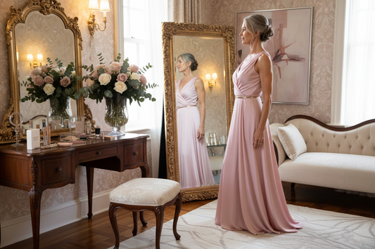 Slim toned elegant woman in her 50s admiring her transformed silhouette in a luxurious dressing room mirror wearing a wrap dress with fresh pink roses and warm soft lighting