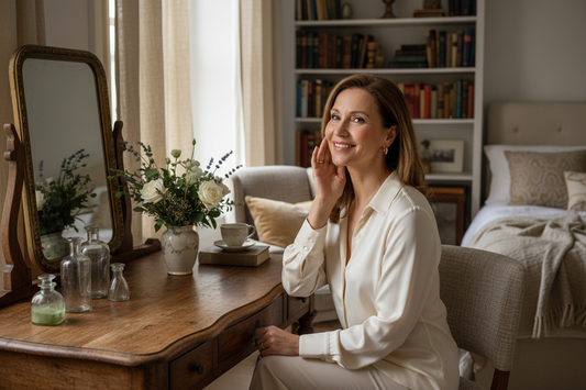  Elegant woman in her 50s touching her glowing firm cheek at a warm wooden vanity in a cozy refined home bedroom with garden flowers and soft natural window light