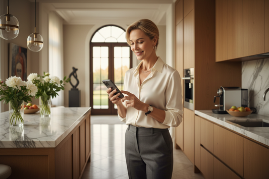 Effortlessly slim elegant woman in her 50s checking her phone with a calm organized smile in a luxurious kitchen with fresh flowers and soft morning light