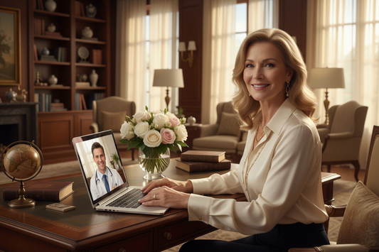  Confident slim elegant woman in her 50s on a reassuring video call with her doctor in a beautifully appointed home office with fresh flowers and warm golden light