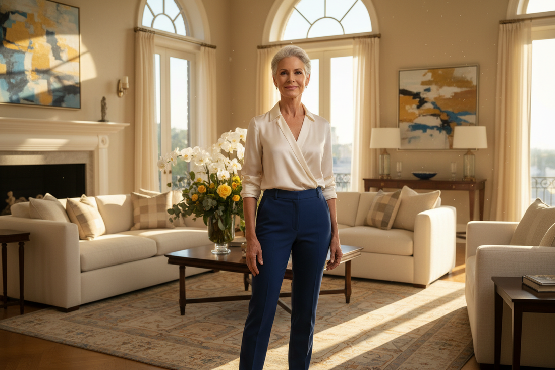  Strong confident elegant woman in her 50s standing tall with upright posture in a luxurious sunlit home wearing a fitted blouse and tailored trousers with fresh flowers and warm golden light