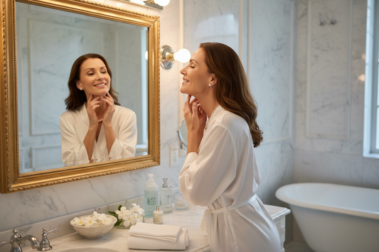  Amazed elegant woman in her 50s touching her smooth glowing jawline in a luxurious spa bathroom mirror with fresh white gardenias and soft warm vanity lighting