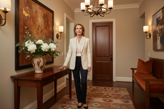  Slim confident elegant woman in her 50s standing at a solid wood console table in a warm beautifully decorated upscale home entryway with fresh flowers and warm ambient light