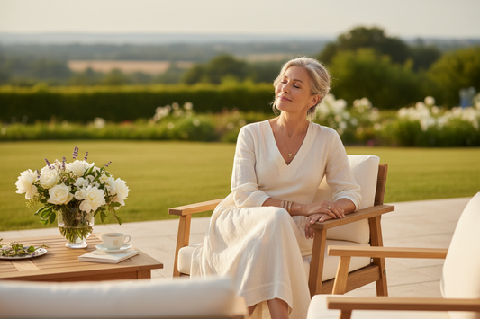  Serene elegant woman in her 50s sitting with eyes closed in blissful balance on a luxurious outdoor terrace with warm golden light, fresh flowers, and a lush garden view